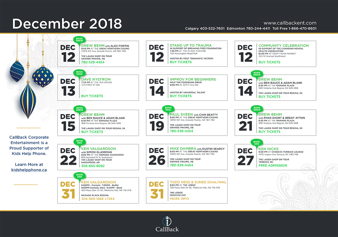 Callback Corporate Entertainment | Events Calendar December 2018